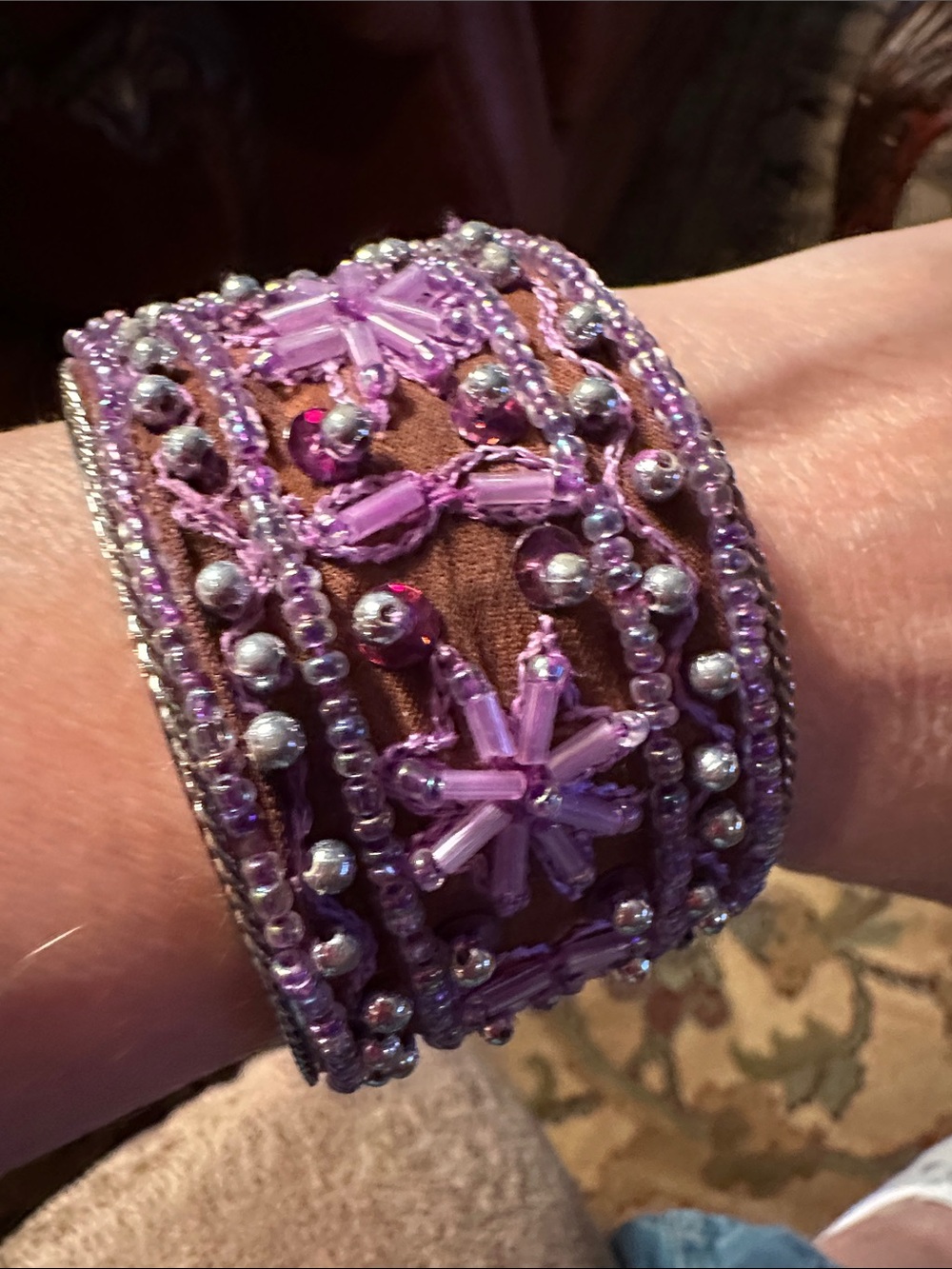 Purple Beaded Embellished Cuff Bracelet